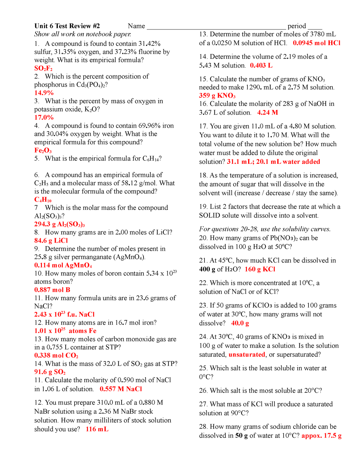 Unit 6 Review #2 - Key - Unit 6 Test Review #2 Name