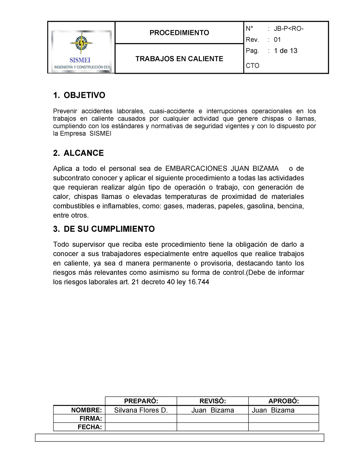 Procedimiento Seguro Trabajo En Caliente - PROCEDIMIENTO N° : JB-P