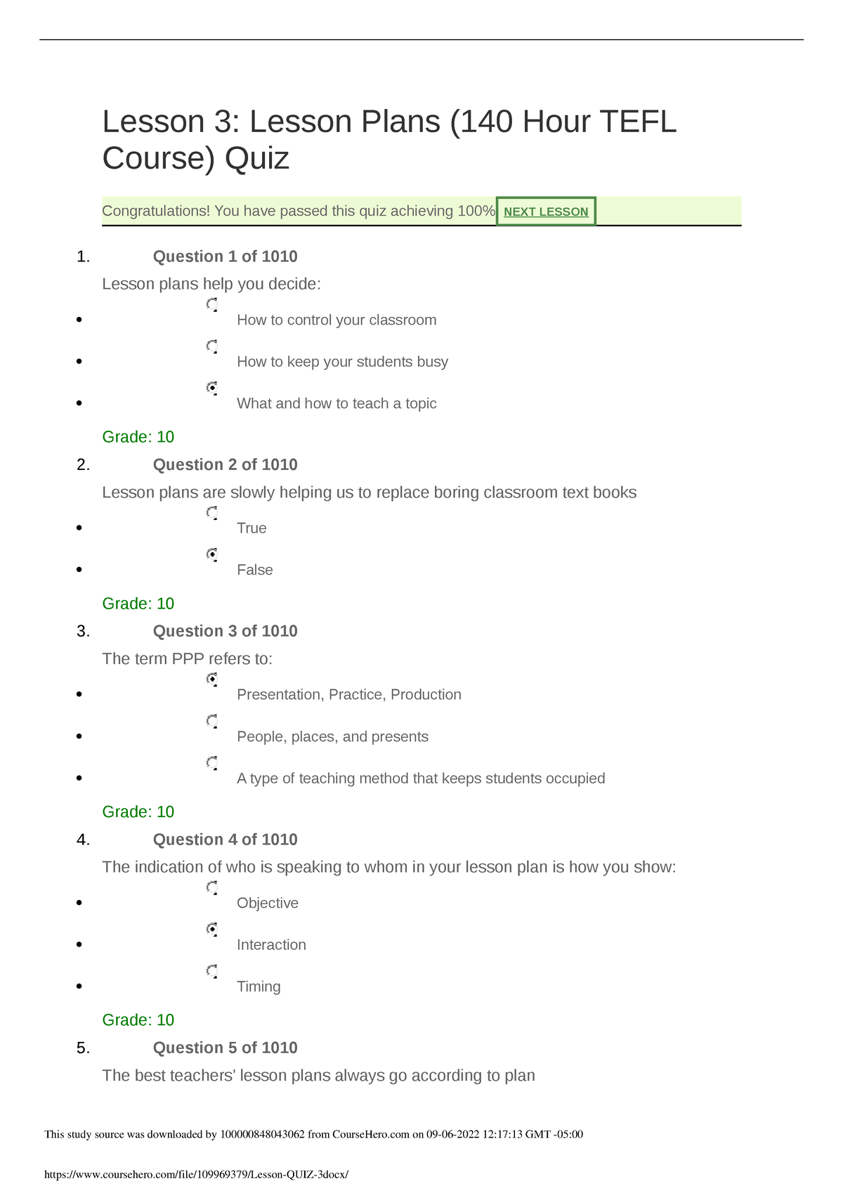 Lesson QUIZ 3.docx - Lesson 3: Lesson Plans (140 Hour TEFL Course) Quiz ...