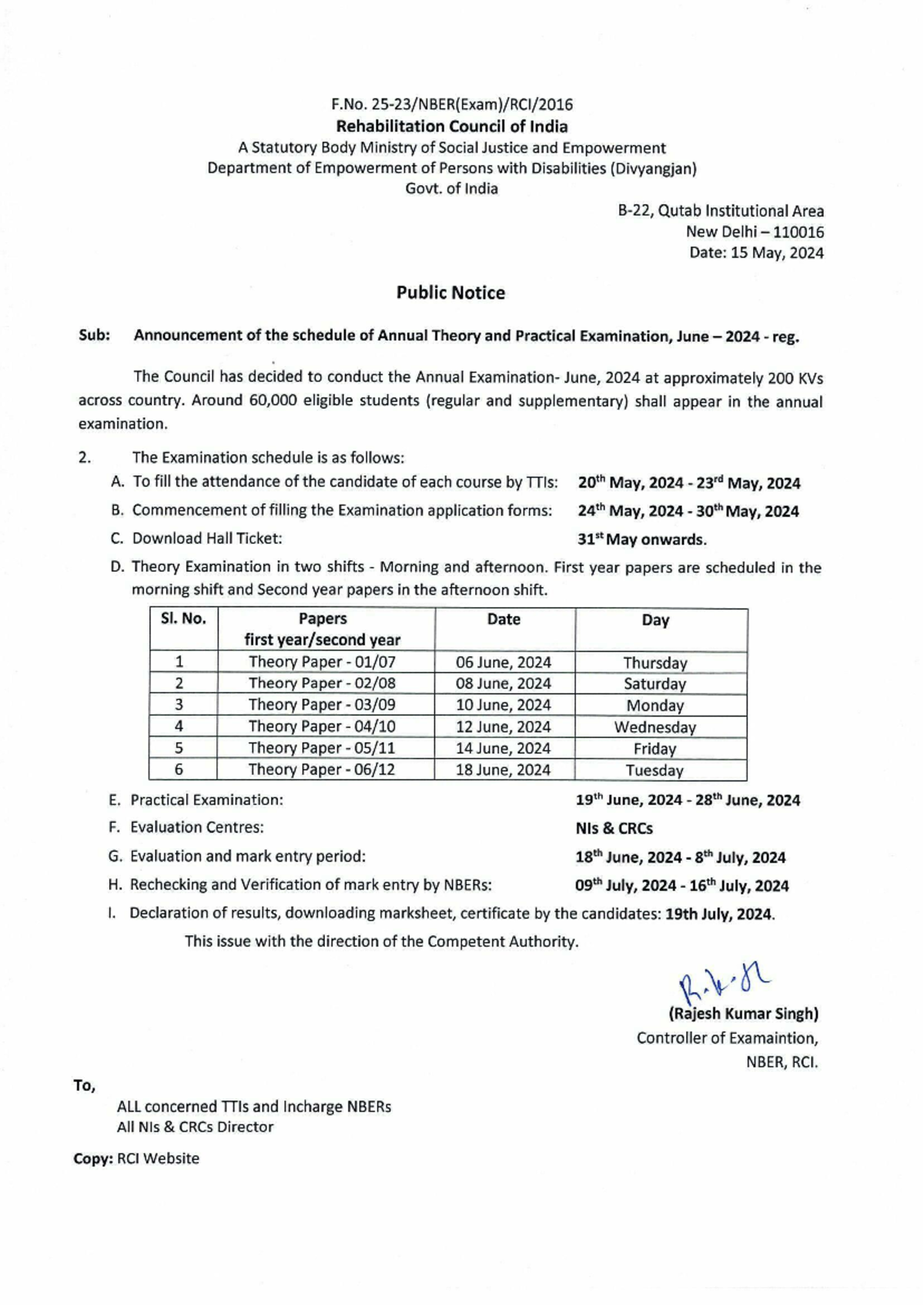Exam schedule june 2024 - F. Rehabilitation Council of India A ...