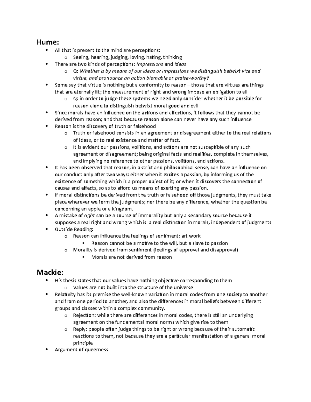 Philosophy 1102 Final Notes - Hume: All that is present to the mind are ...