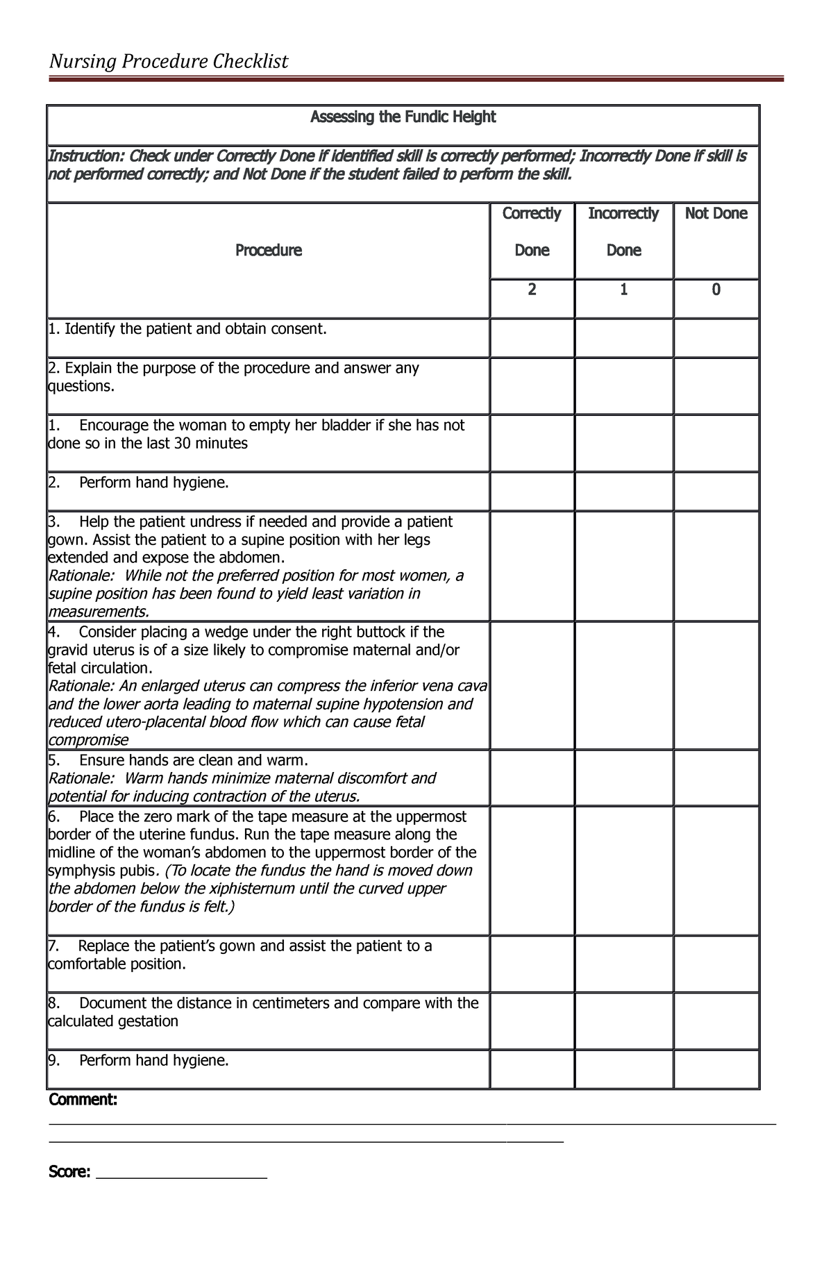 Fundic Height Measurement Checklist - Nursing Procedure Checklist ...