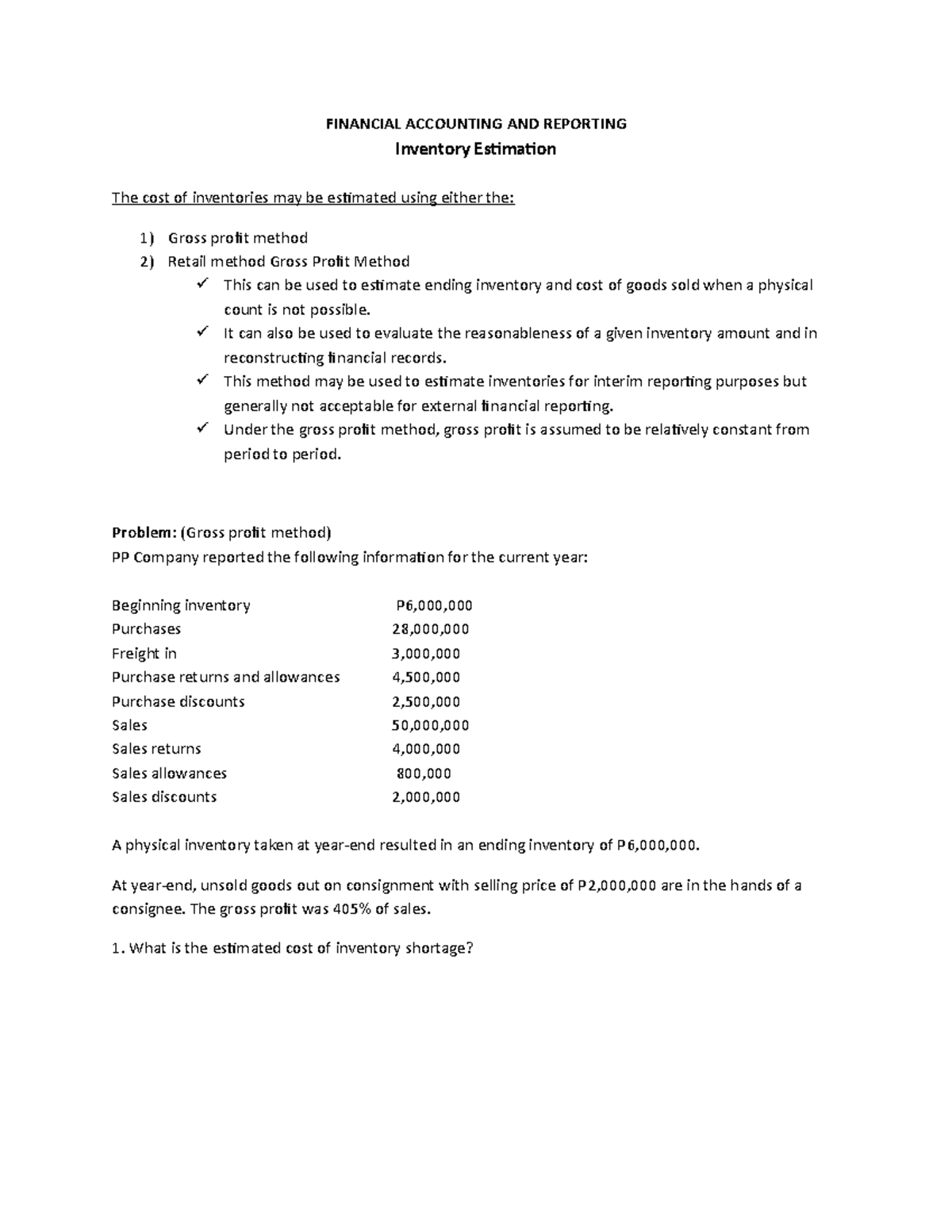 Inventory Estimation 095104 FINANCIAL ACCOUNTING AND REPORTING