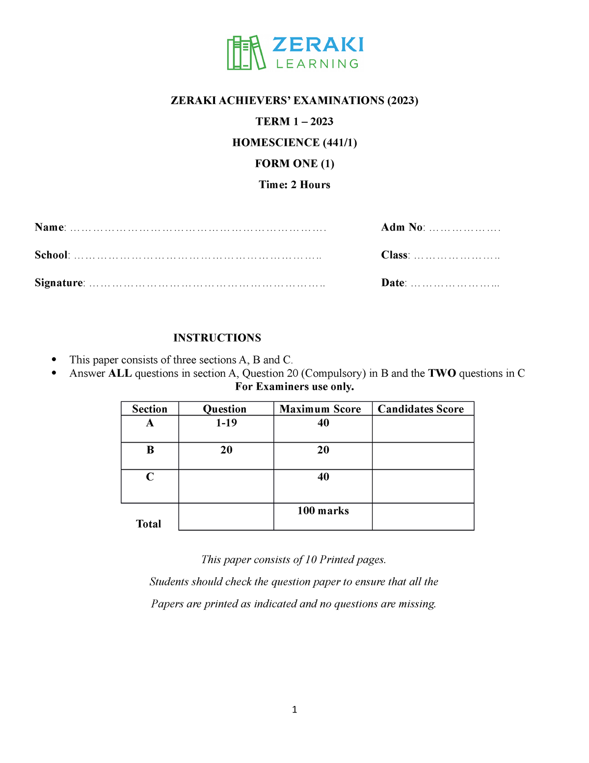 zeraki assignments download form 1