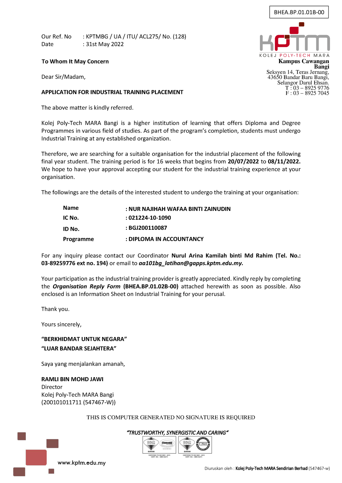 Application Letter - Kampus Cawangan Bangi Seksyen 14, Teras Jernang ...