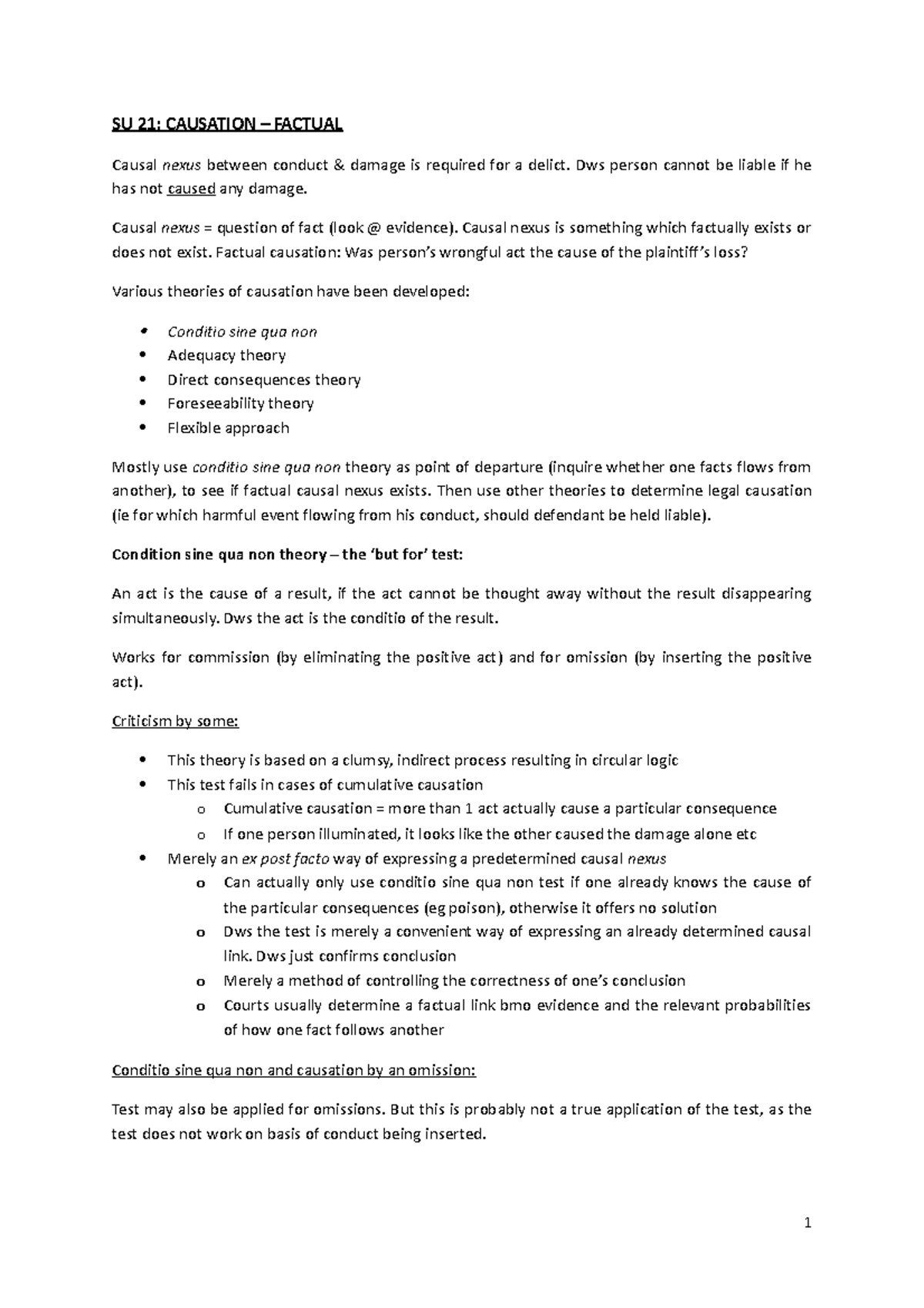 elements of delict SU 21 CAUSATION FACTUAL Causal nexus between