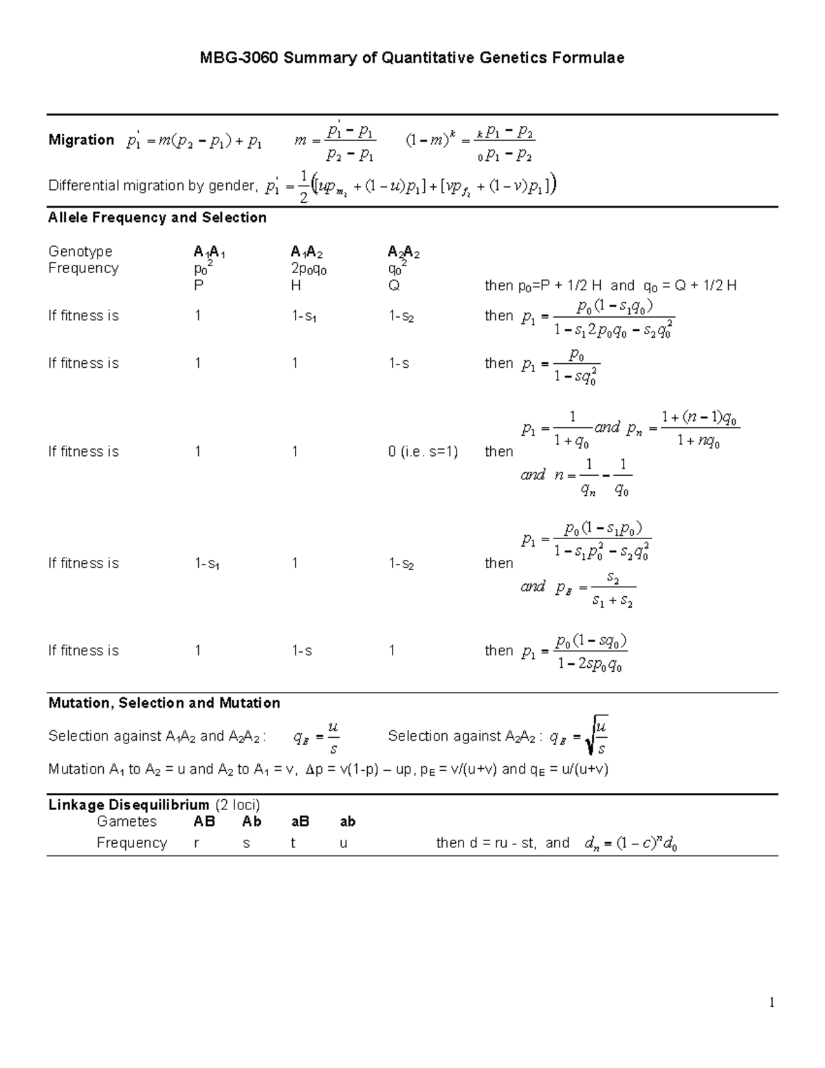 MBG 3060 Formula Sheet - MBG-3060 Summary of Quantitative Genetics ...