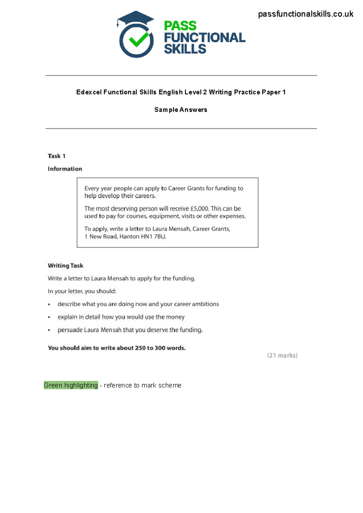 Edexcel Functional Skills English Level 2 Writing Practice Paper 1 ...