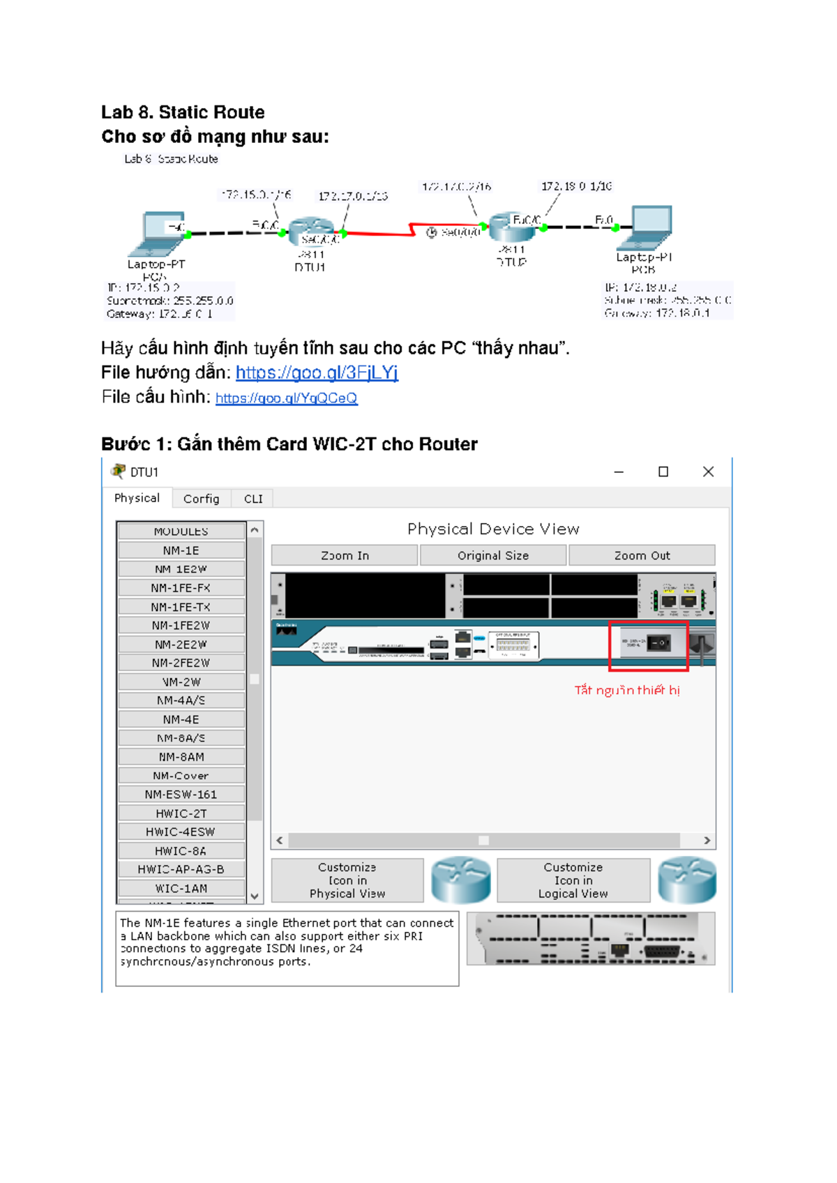 Lab 2.1 Static route IPv4 - Lab 8. Static Route Cho sơ đồ mạng như sau ...