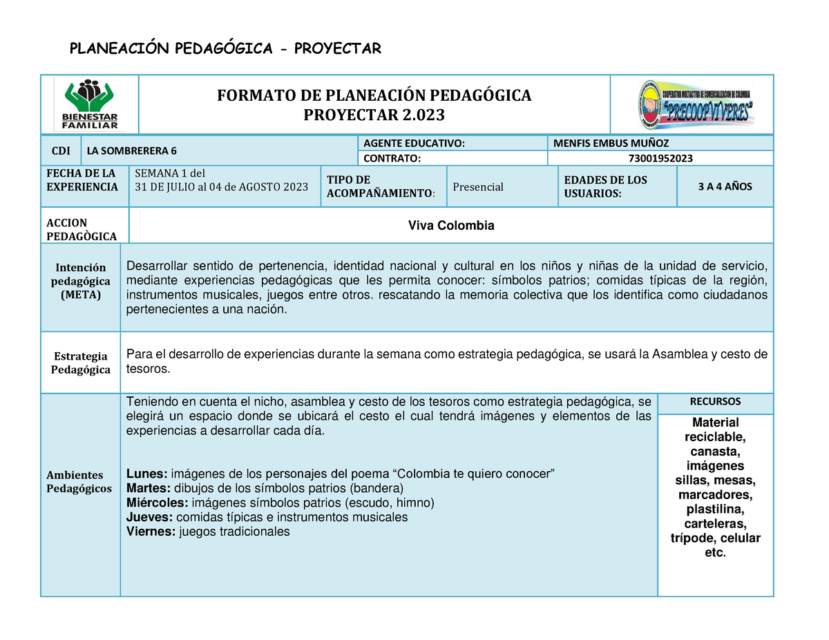 Planeacion Pedagogica - FORMATO DE PLANEACI”N PEDAG”GICA PROYECTAR 2 ...