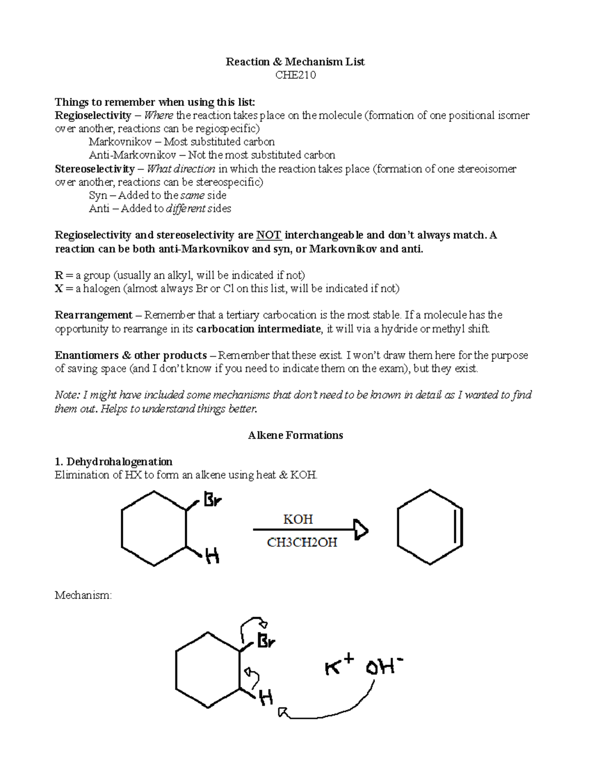 Orgo 1 Complete Reaction list Reaction & Mechanism List CHE Things to