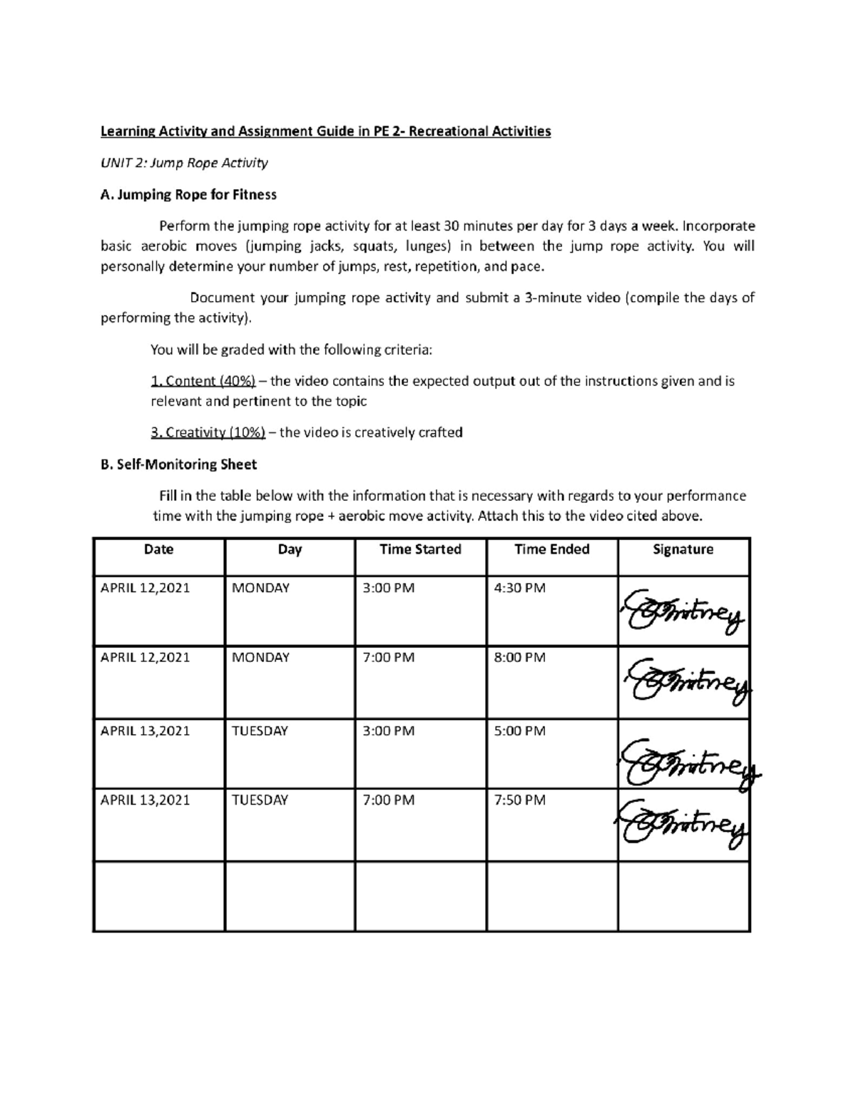 Learning Activity and Assignment Guide for Jump Rope - Adapted Physical ...