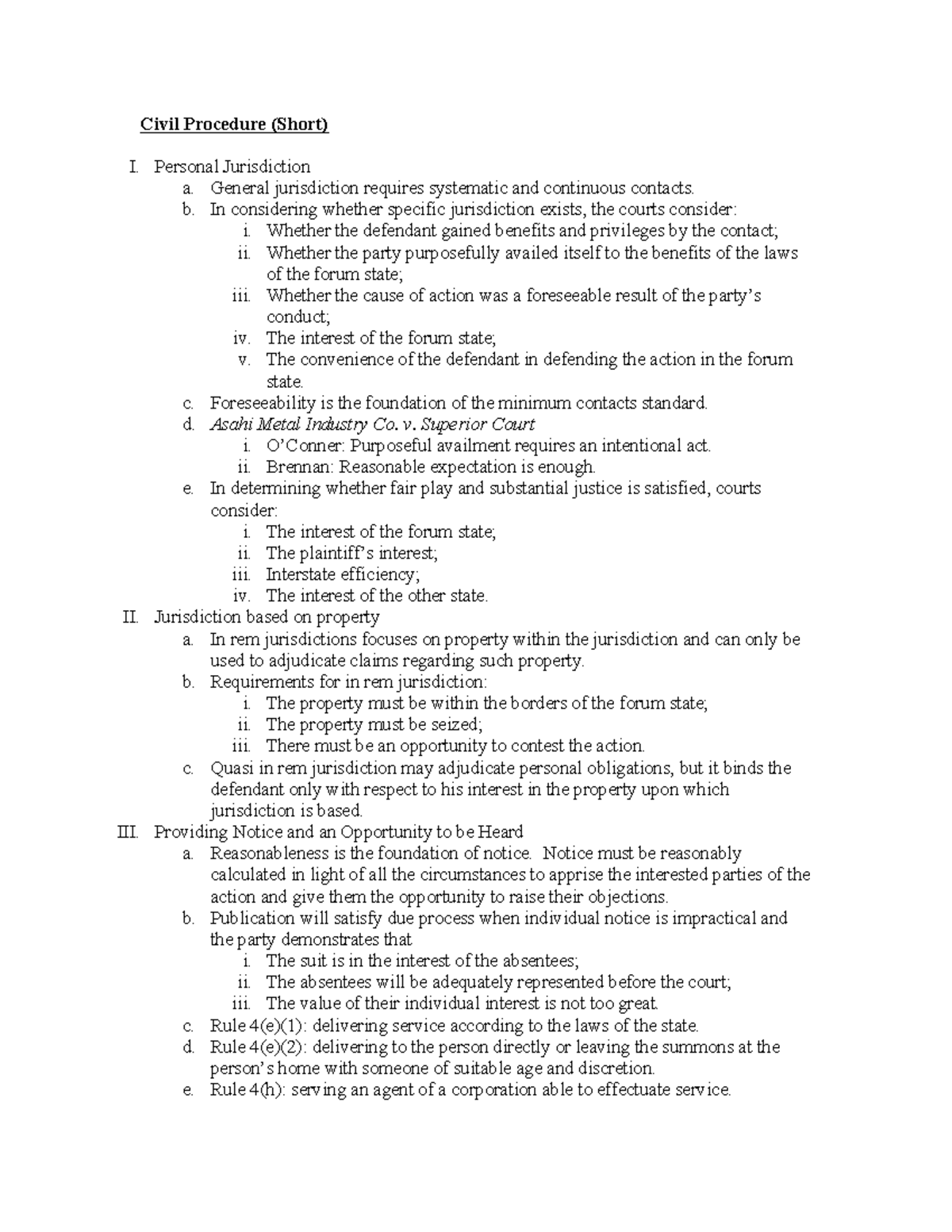 Civil Procedure II Short Study Outline - Civil Procedure (Short) I ...