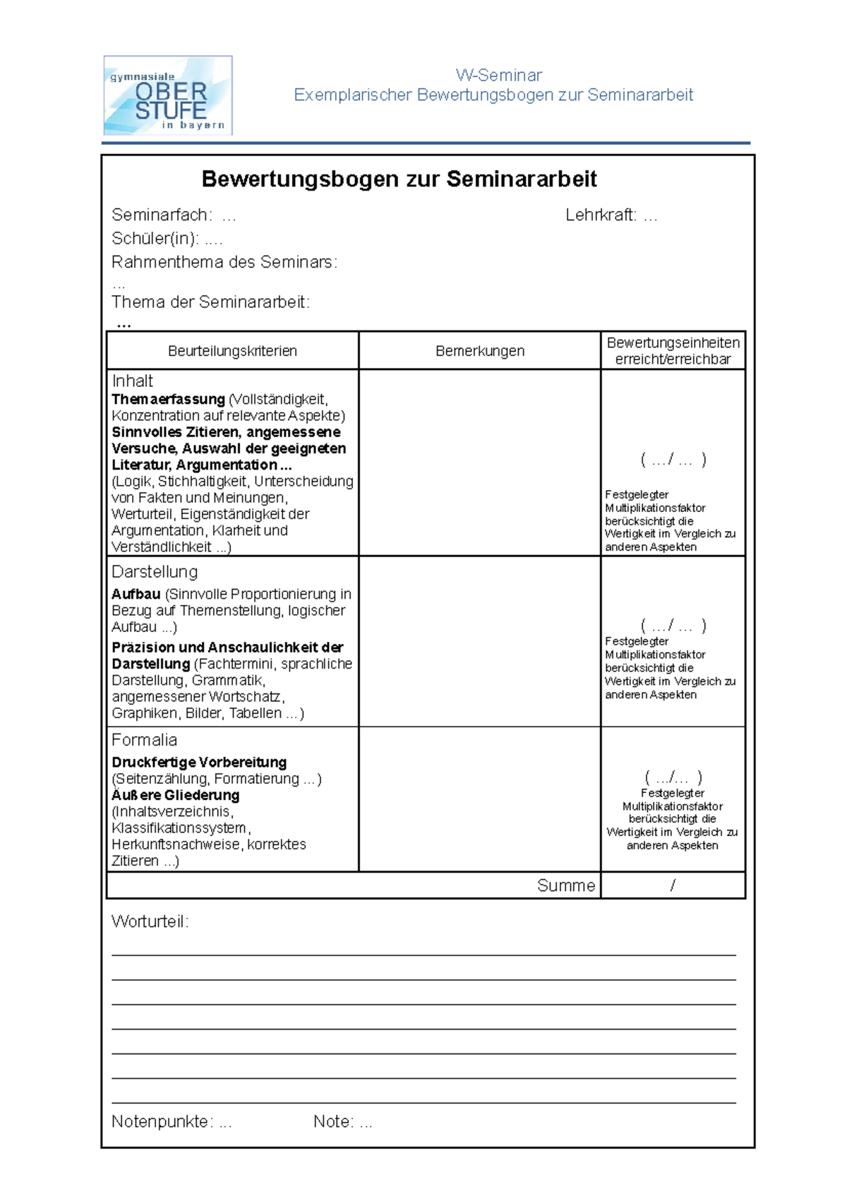 seminararbeit Bewertung für dein Erfolg - W-Seminar Exemplarischer ...