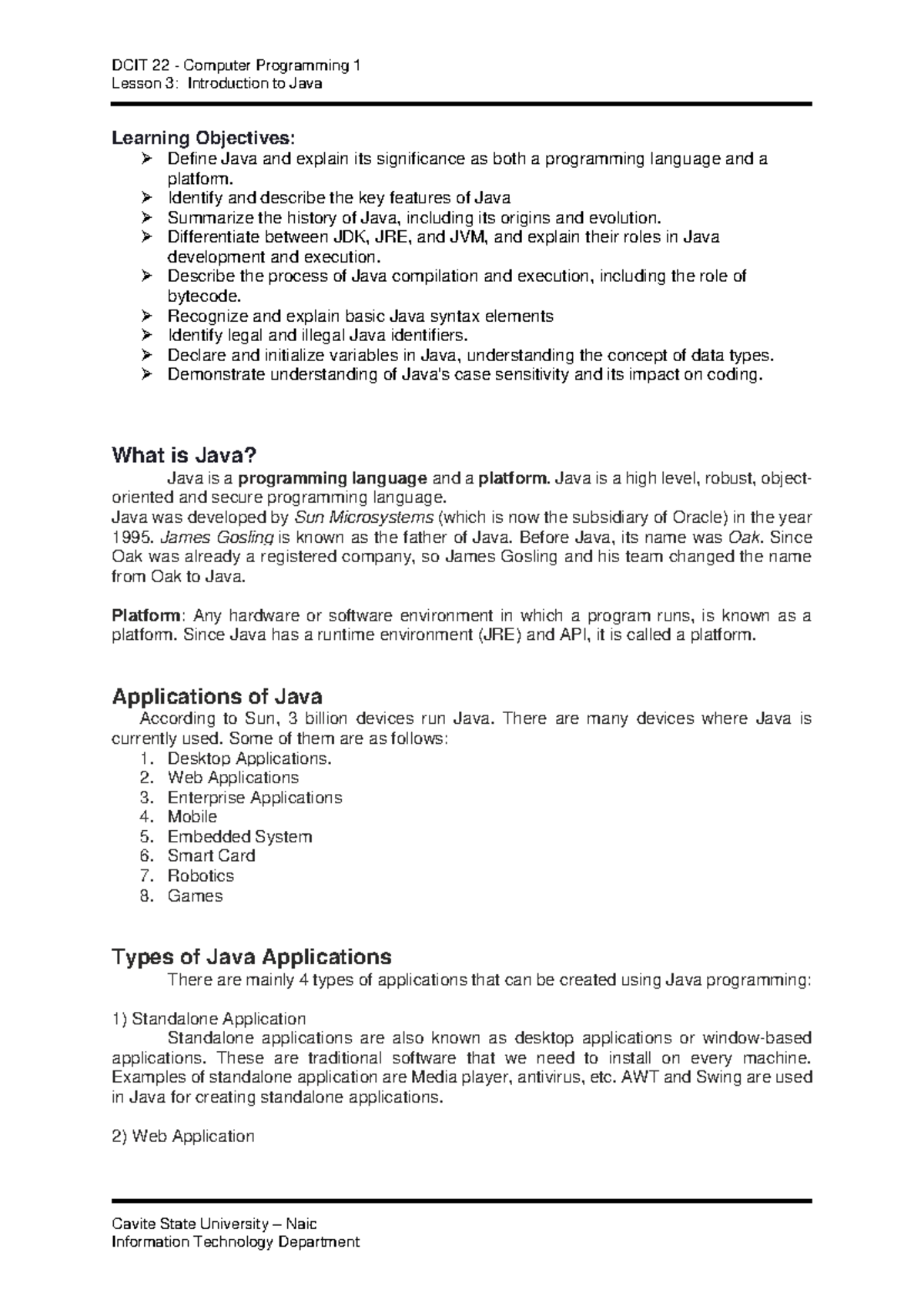 Module-3 What-is-Java - Lesson 3: Introduction to Java Cavite State ...