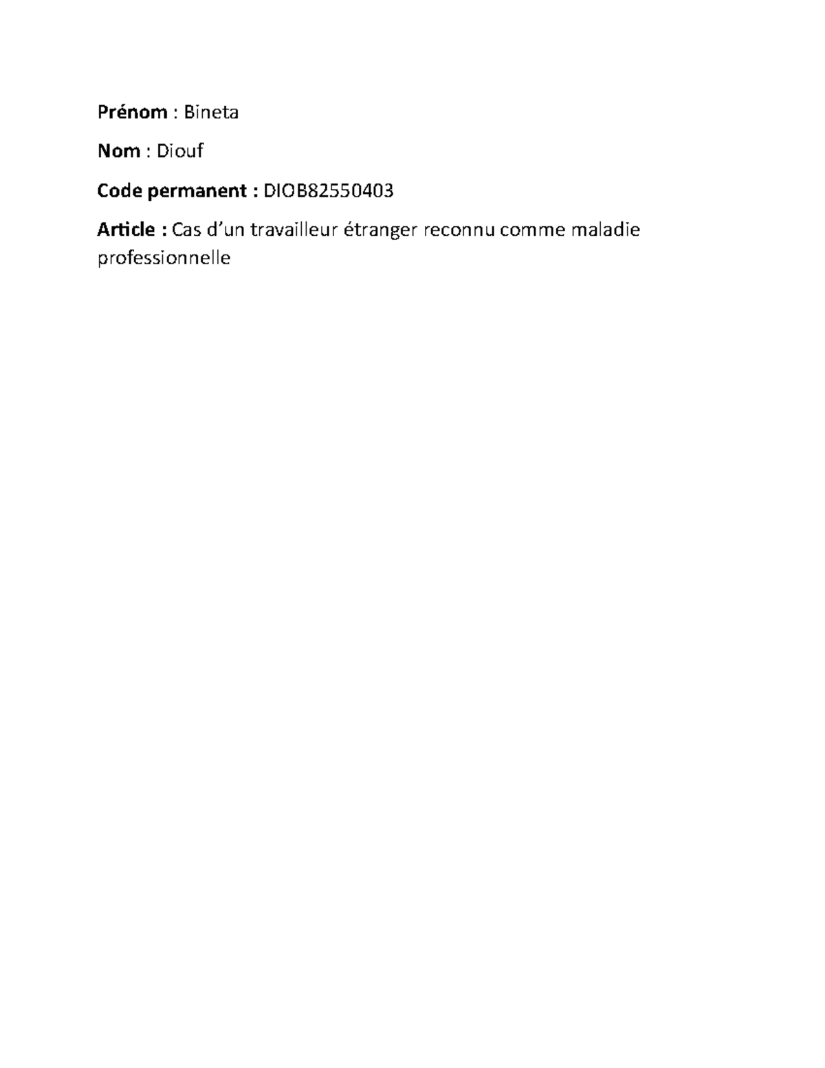 Cas d'actualité - Prénom : Bineta Nom : Diouf Code permanent : DIOB ...