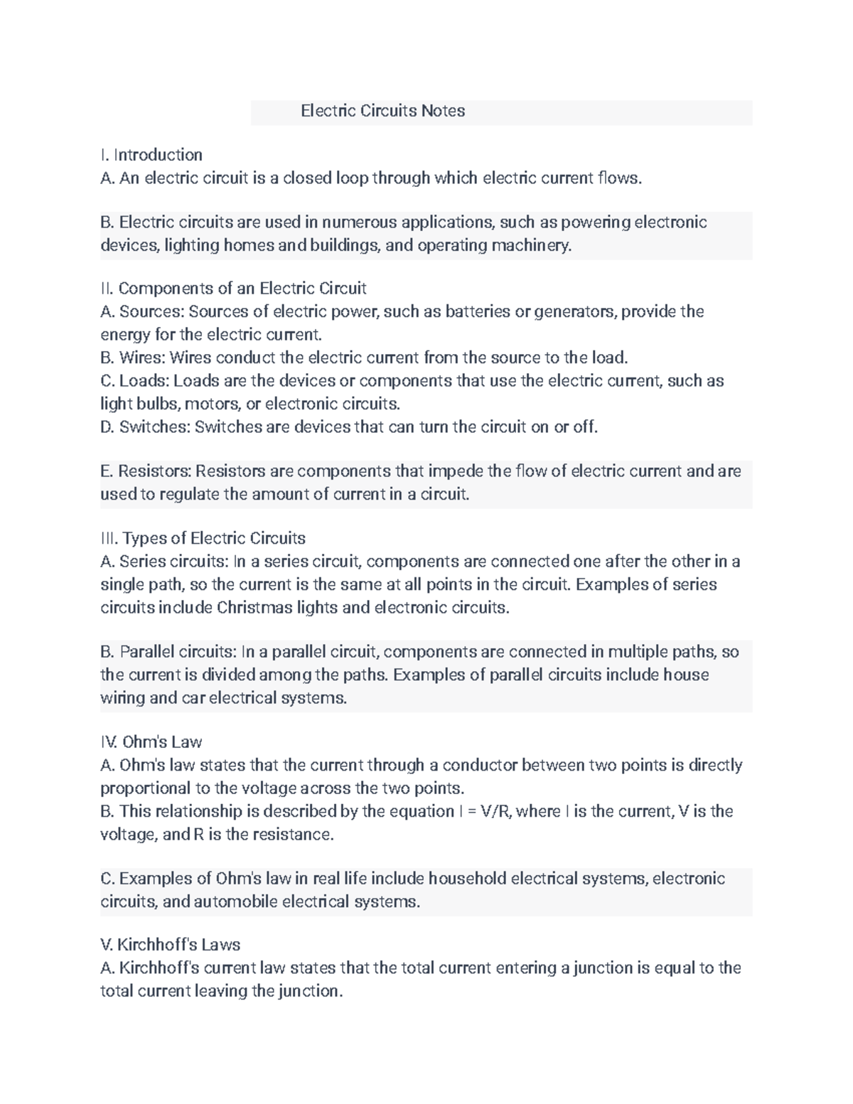 Electric Circuits Notes - Introduction A. An electric circuit is a ...