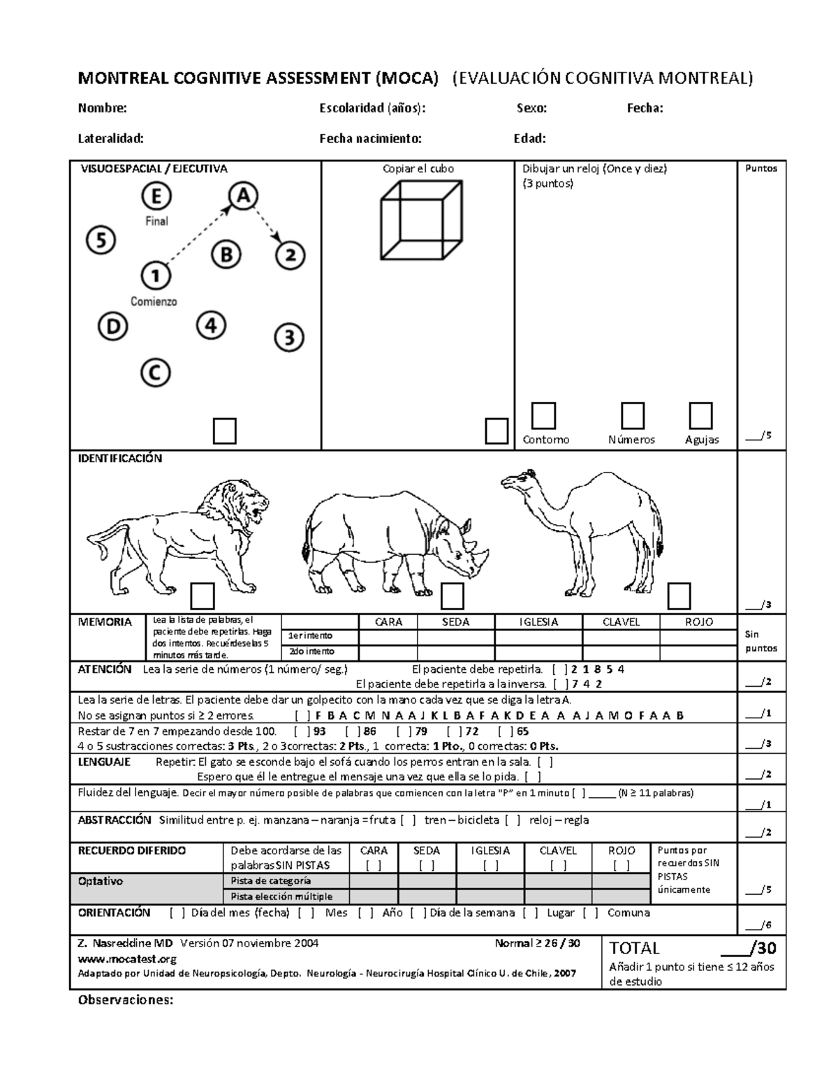 MOCA pauta MONTREAL COGNITIVE ASSESSMENT (MOCA) (EVALUACIÓN