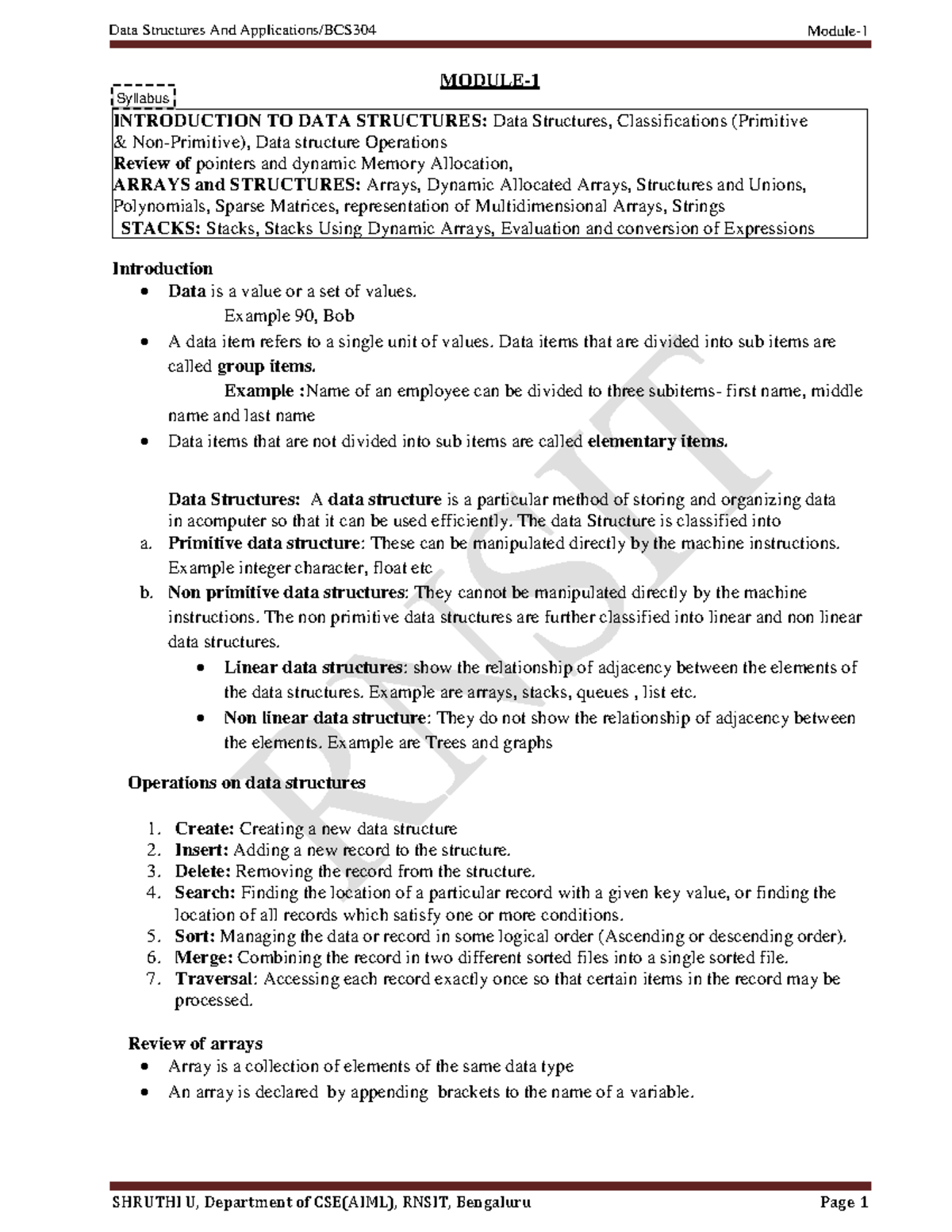 Mod1 notes - SHRUTHI U, Department of CSE(AIML), RNSIT, Bengaluru Page ...