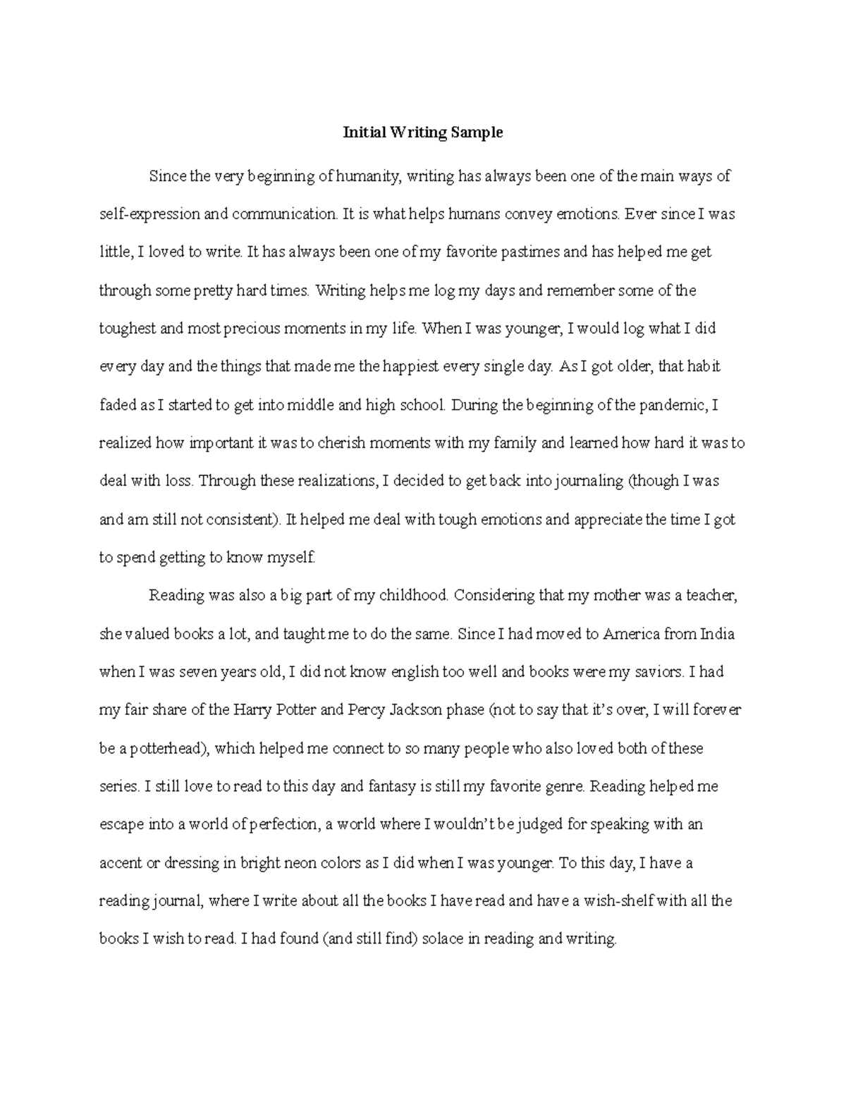 Initial Writing Sample - Preya Majmundar - Google Docs - Initial ...