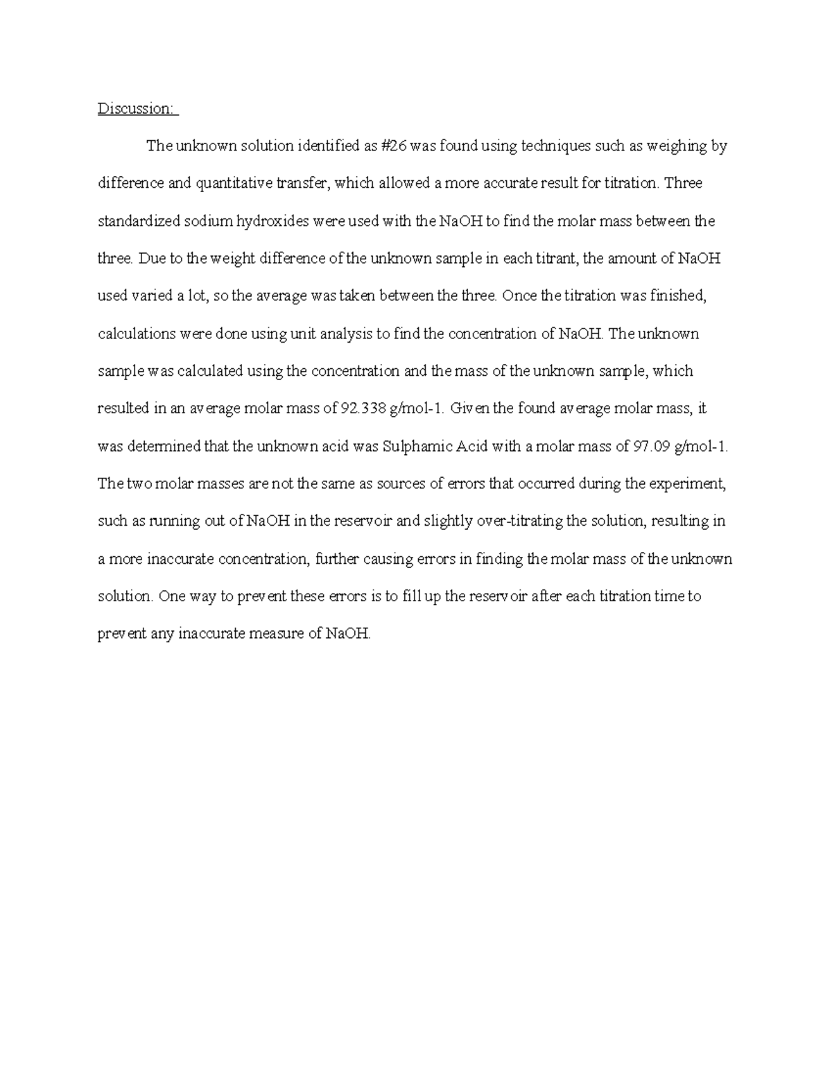 Chem lab titration conclusion Discussion The unknown solution