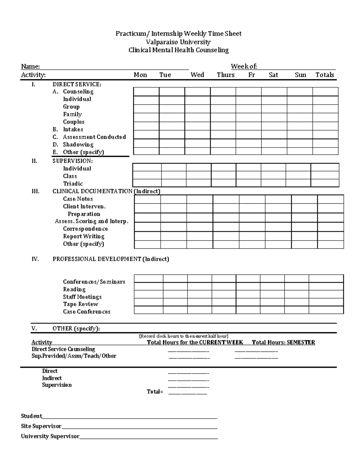 Internship Weekly Time Tracking Sheet Template - Practicum/ Internship ...