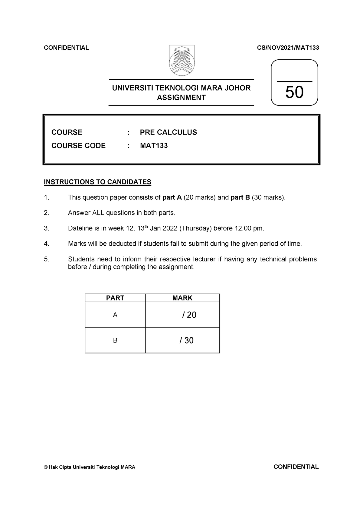 MAT133 Assignment Oktober 2021 - Februari 2022 Question - UNIVERSITI ...