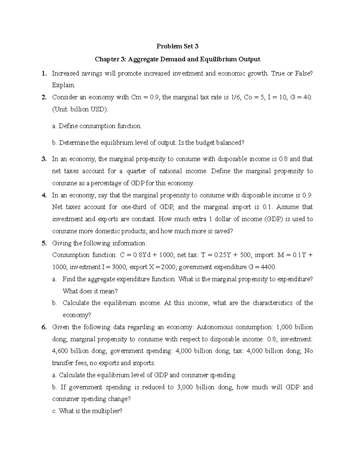Excercise chapter 3 Aggregate Demand and Equilibrium Output - Problem ...