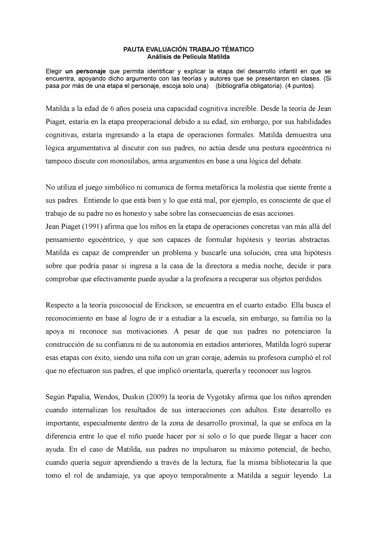 psicologia desarrollo infante - PAUTA EVALUACIÓN TRABAJO TÉMATICO ...