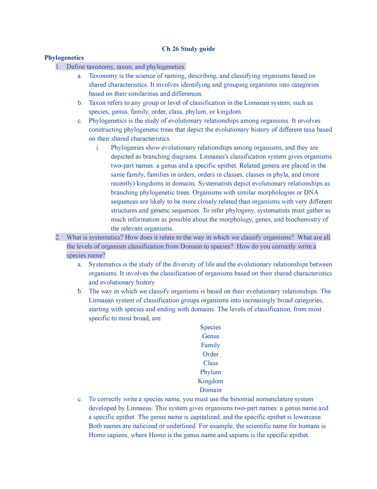 Ch 26 Study Guide - Ch 26 Study Guide Phylogenetics Define Taxonomy ...