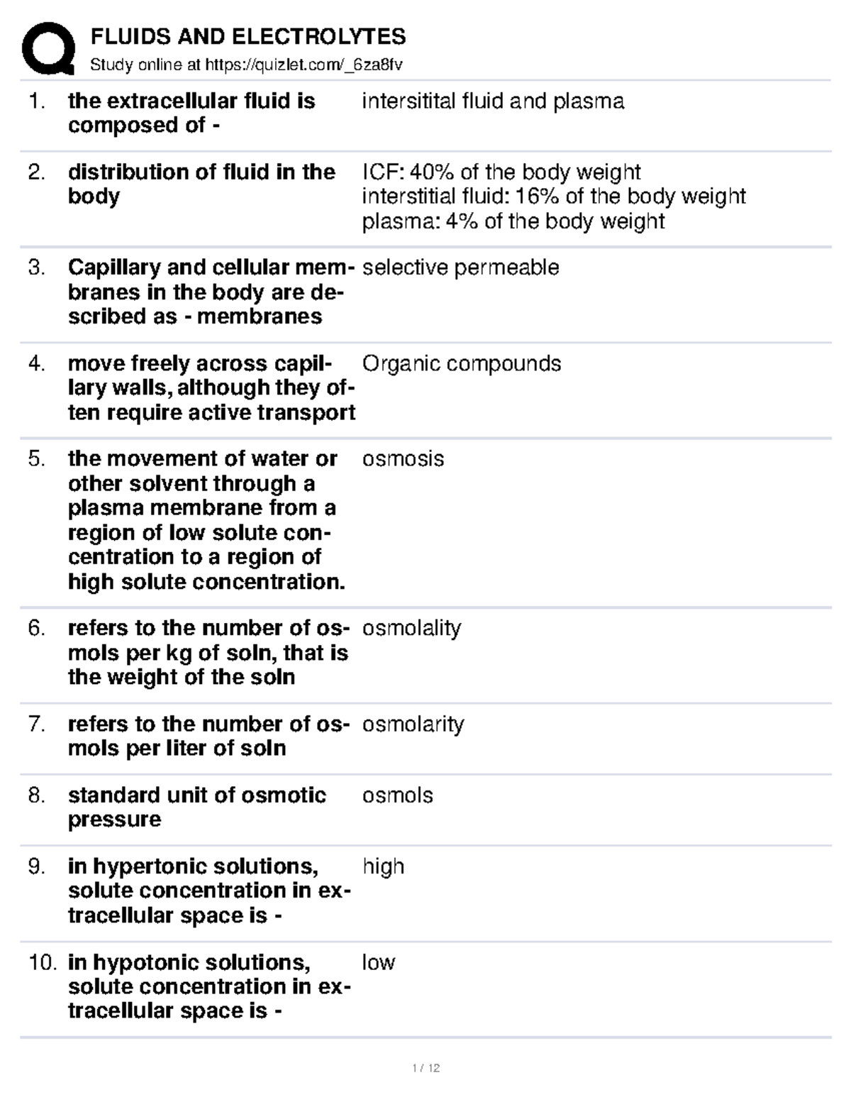 Fluids and Electrolytes Nursing Quizlet University of the Philippines Study online at Studocu