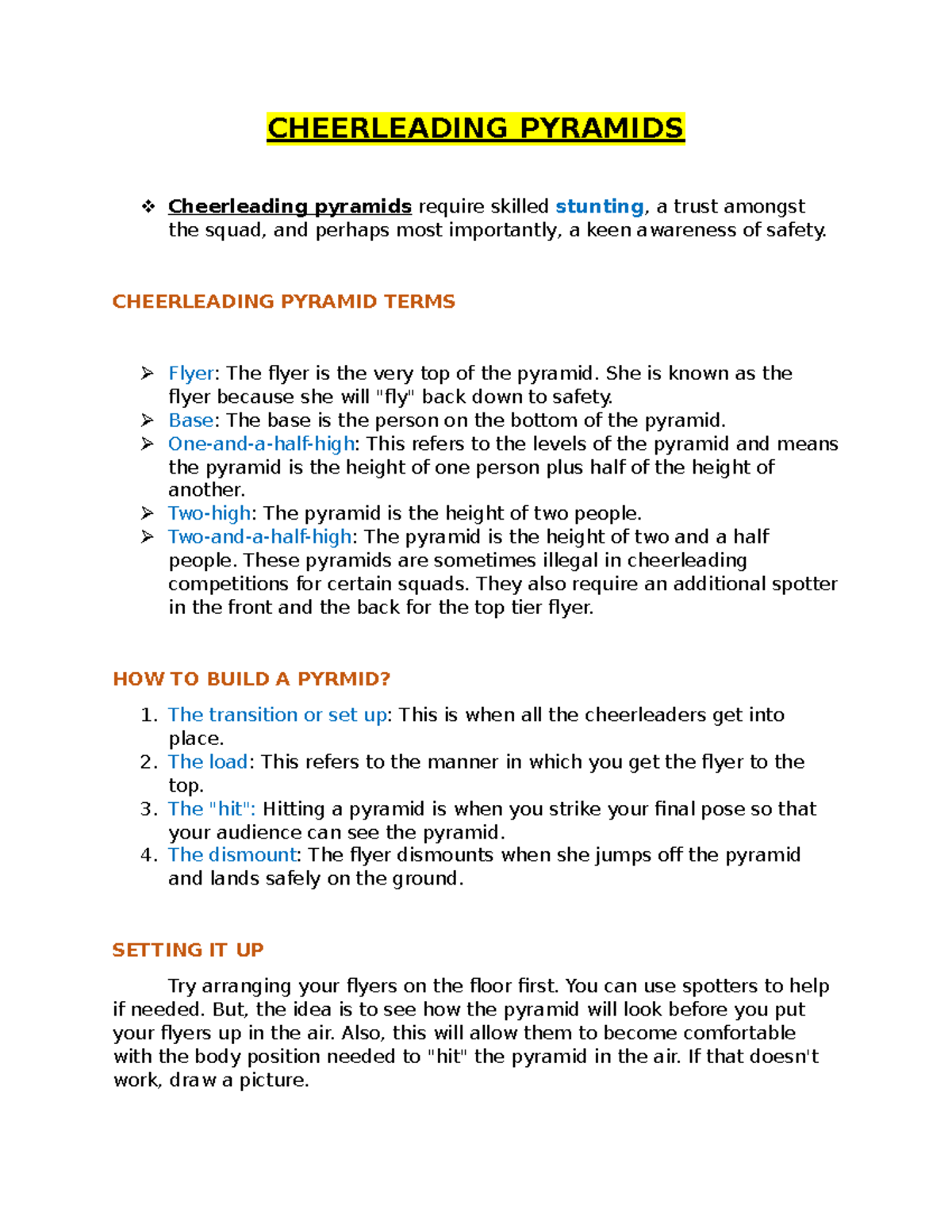 Cheerleading Pyramids CHEERLEADING PYRAMID TERMS Flyer The flyer is