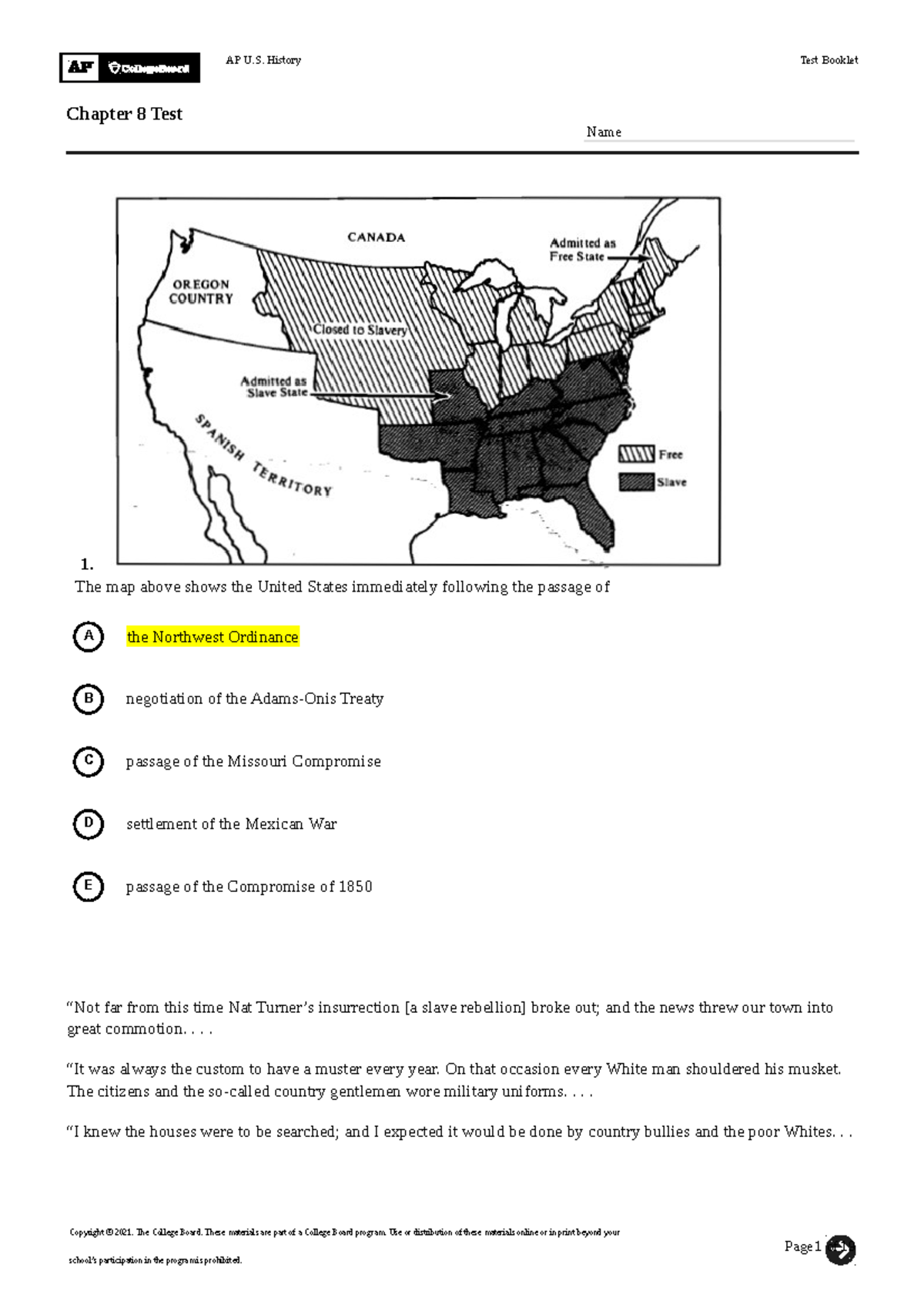 CHapter 8 Test APC - AP US HISTORY PREP - Chapter 8 Test Name 1. The ...