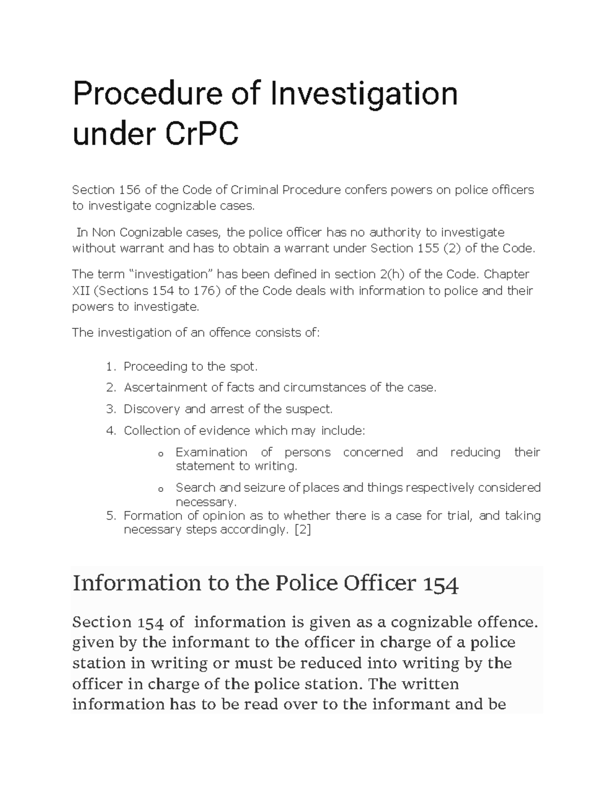 Procedure of Investigation under Cr PC Procedure of Investigation