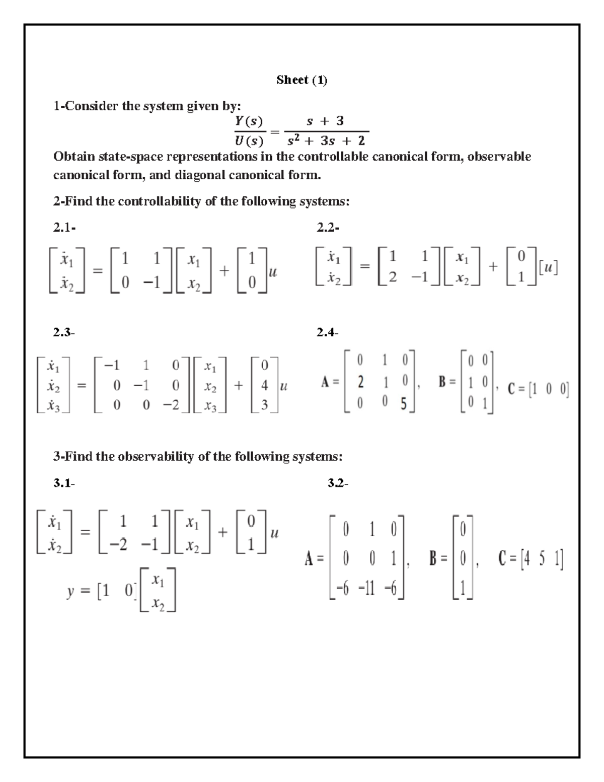 Sheet - control system engineering - 2 - Find the controllability of ...