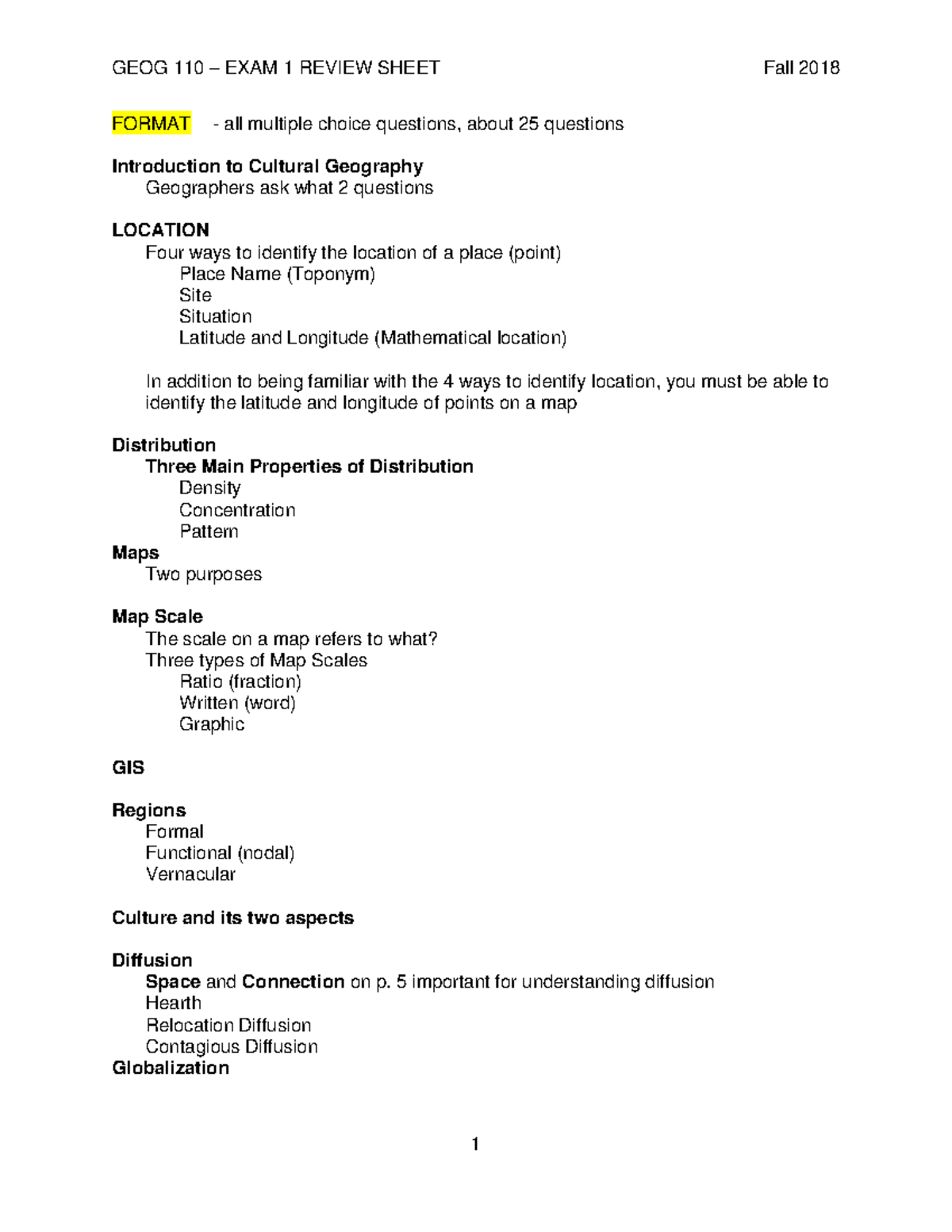 GEOG 110 EXAM 1 Review Sheet 2018 v3 - GEOG 110 – EXAM 1 REVIEW SHEET ...