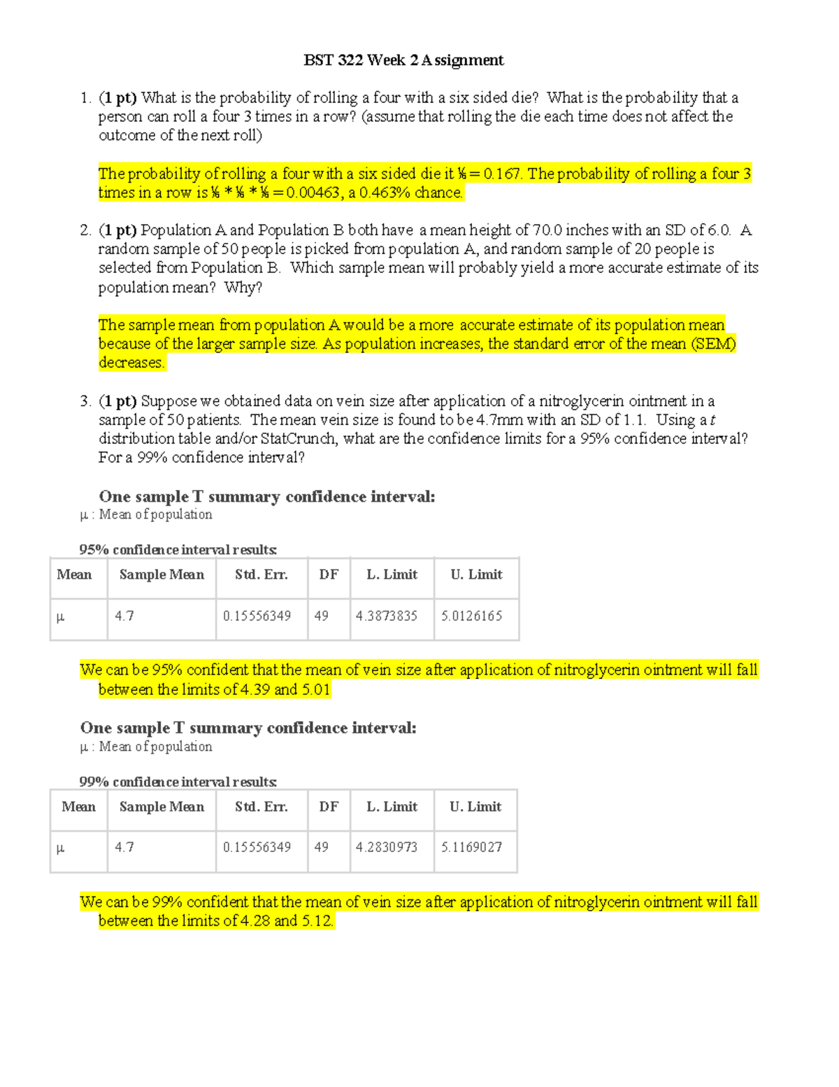 BST 322 Week 2 Assignment: Probability Sample Mean Confidence Interval ...