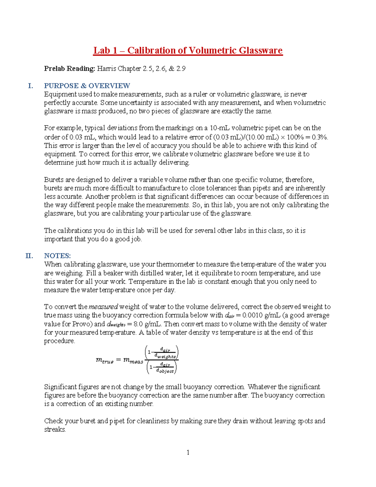 Lab 1 Procedures Explanation Document Lab 1 Calibration of Volumetric Glassware Prelab