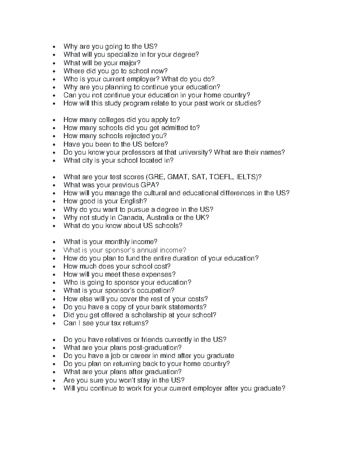 Interview questions pdf - Why are you going to the US? What will you ...