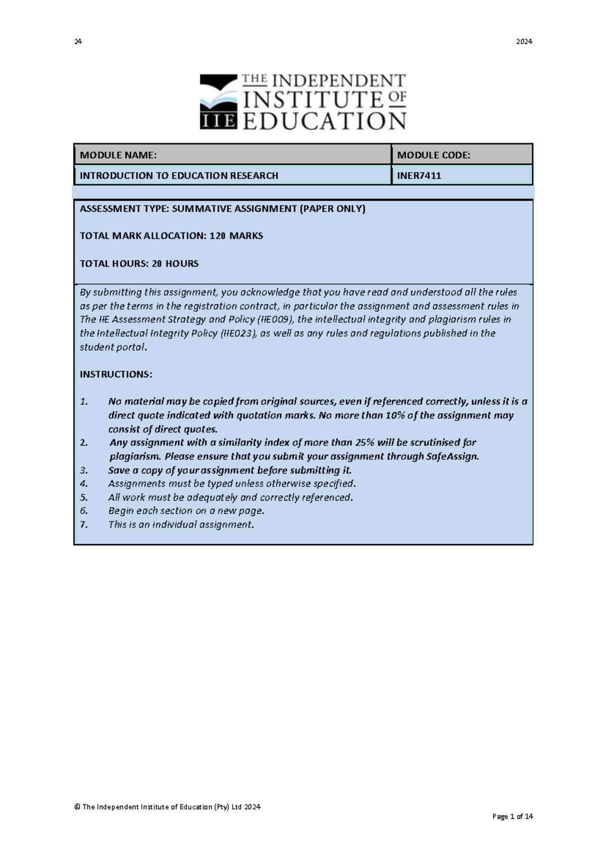Summative Assignment question paper - © The Independent Institute of ...