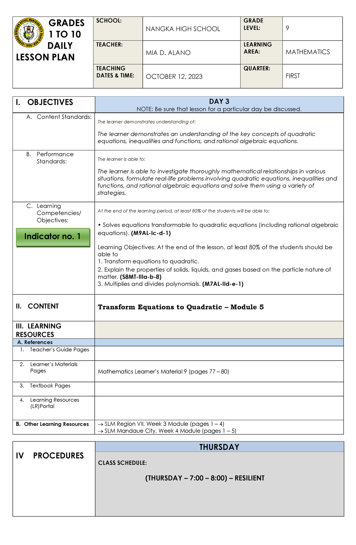 DLP-MATHEMATICS 9 - GRADES 1 TO 10 DAILY LESSON PLAN SCHOOL: NANGKA ...