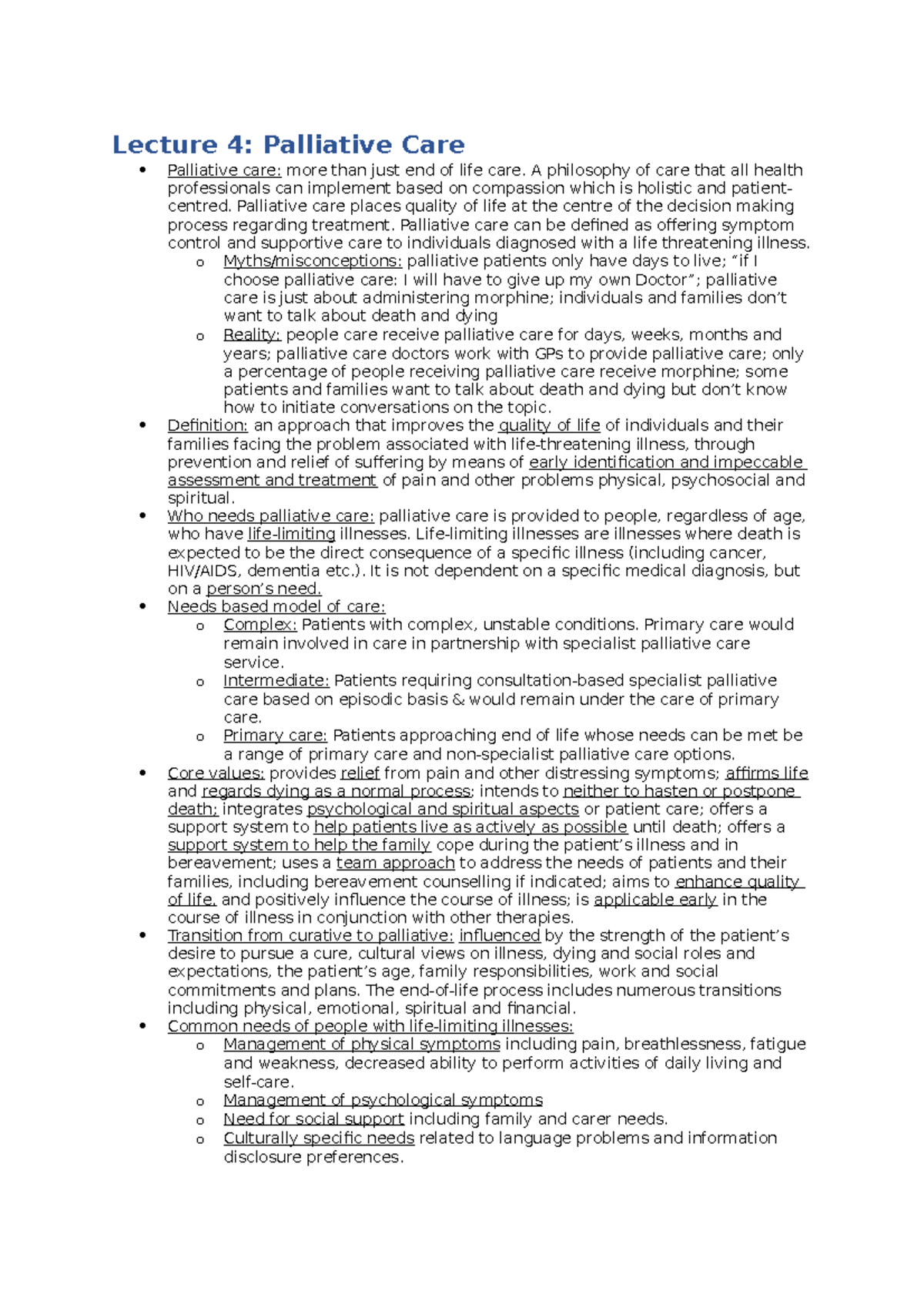 Lecture 4 And Tutorial - Lecture 4: Palliative Care Palliative Care 