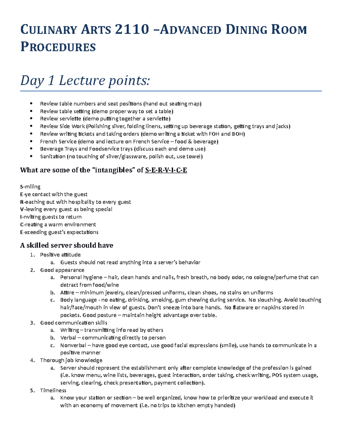 Advanced Dining Room Lecture points CULINARY ARTS 2110 ADVANCED