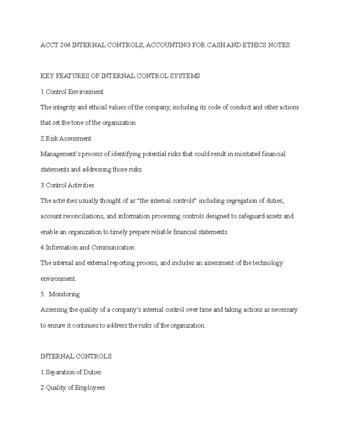 ACCT 204 Internal Controls, Accounting FOR CASH AND Ethics Notes - ACCT ...