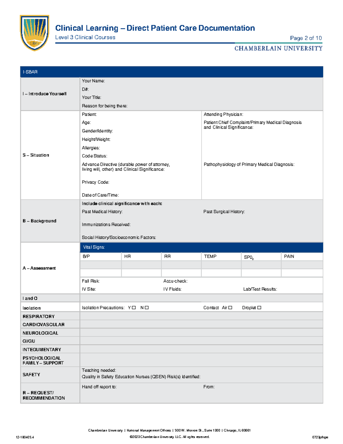 Isbar Form For Hand Down Report Chamberlain University National