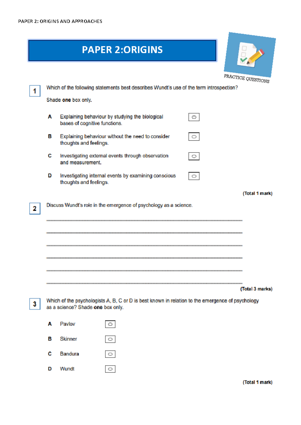 Student exam questions (origins and approaches) - PAPER 2:ORIGINS USE ...