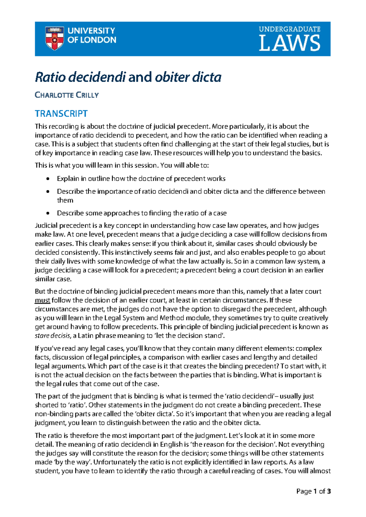 Ratio decidendi and obiter dicta Transcript Final Page 1 of 3 Ratio decidendi and obiter dicta