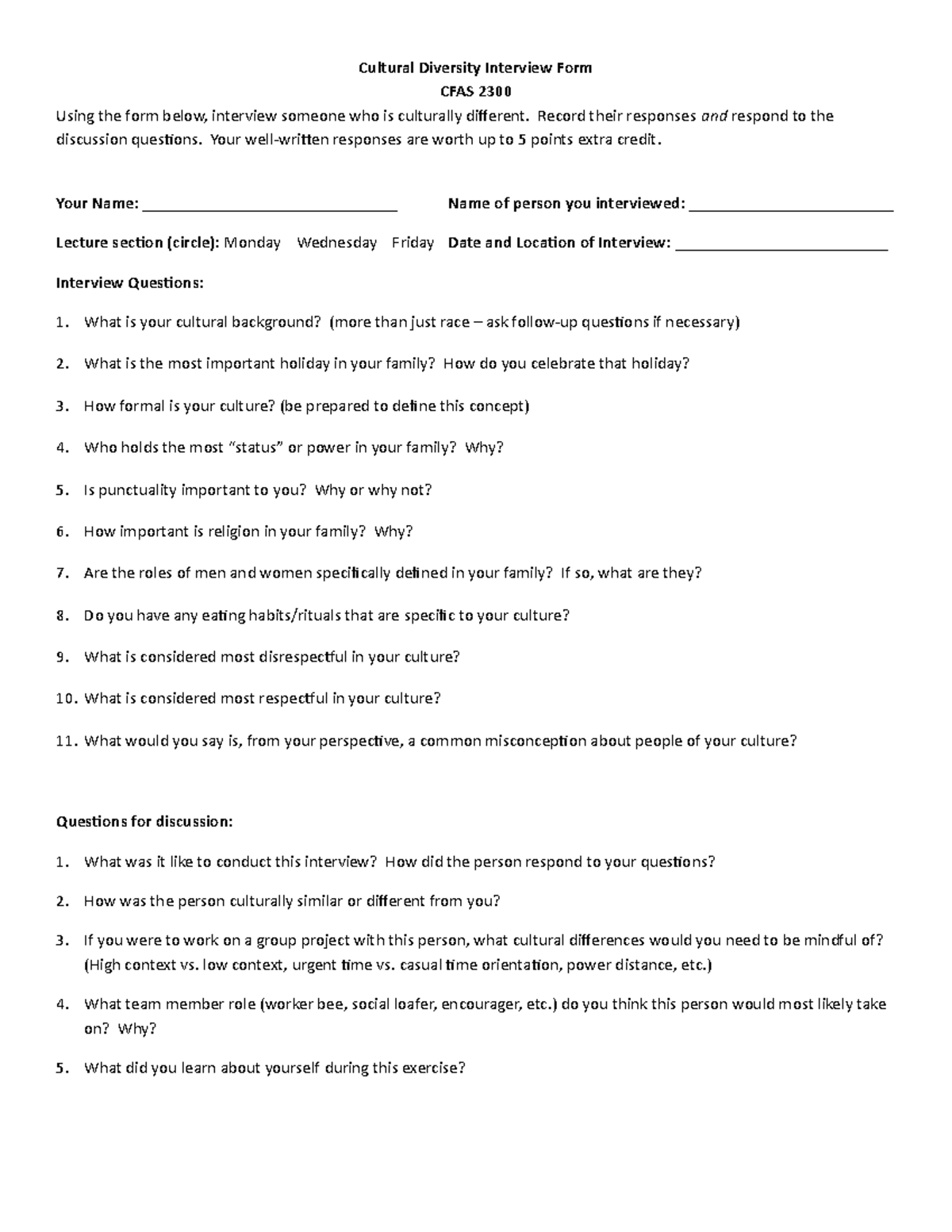 Extra Credit Cultural Diversity Interview worksheet - Cultural ...