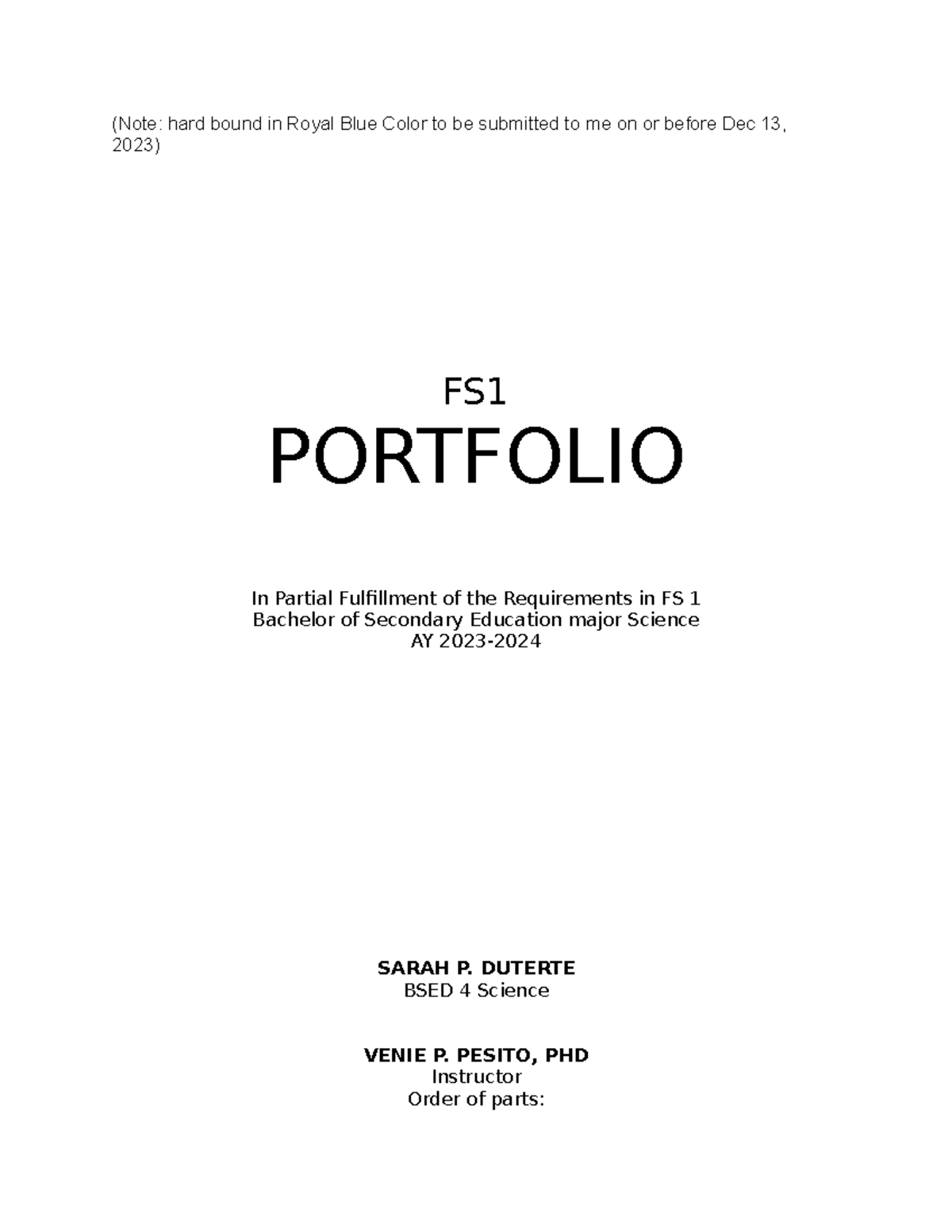 Field Study 1 - Format - (Note: hard bound in Royal Blue Color to be ...