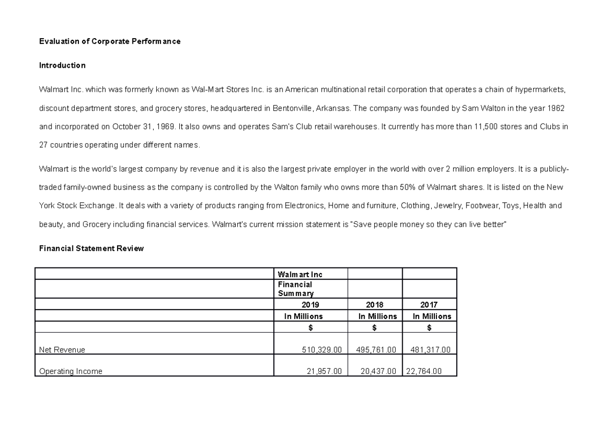 Evaluation of Corporate Performance Walmart Inc Evaluation of